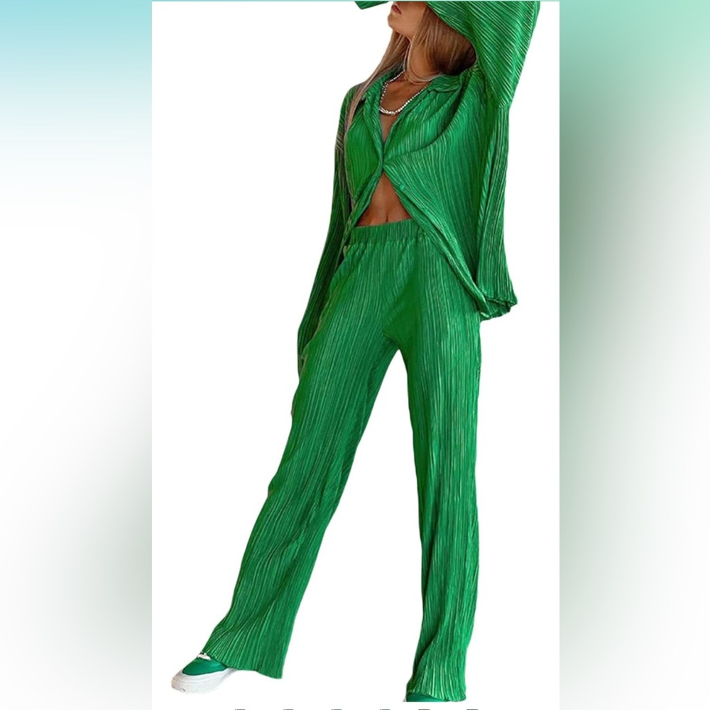 Women 's Casual 2 Piece Outfits, Long Sleeve Button Down Pleated Shirt+Pants Set